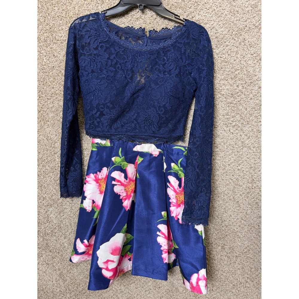 Sequin Hearts Navy Lace Crop Top and Floral Skirt 2 Piece Set Dress Size 7